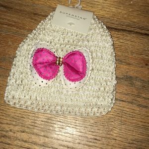 New Baby hat stretch crochet white and pink bow stretch